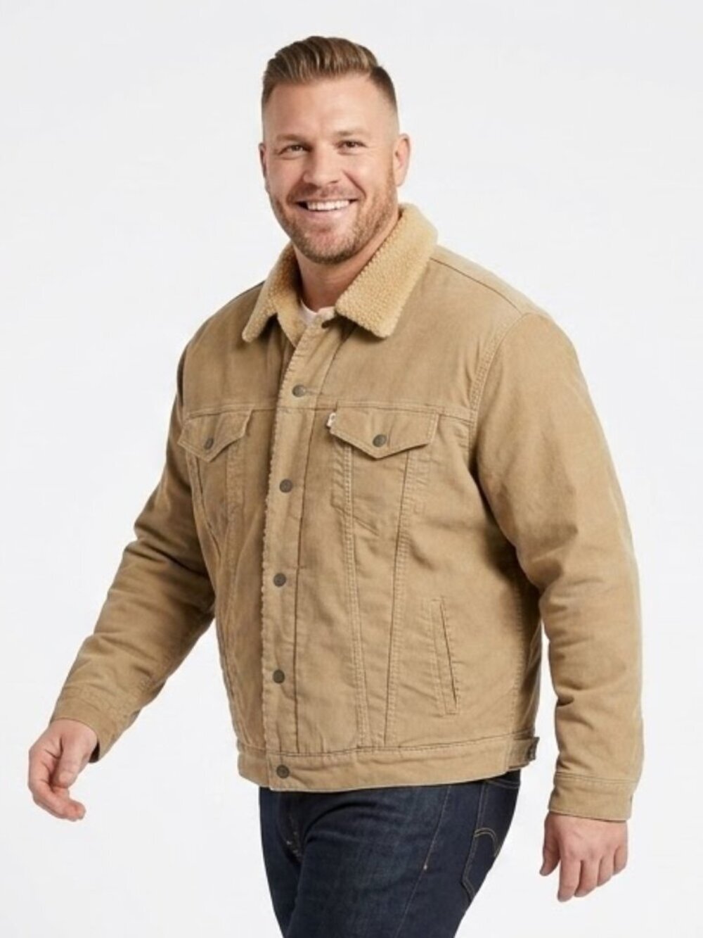 Levi Strauss Corduroy Trucker Jacket Men Size XL Tan White Tab Sherpa Lined